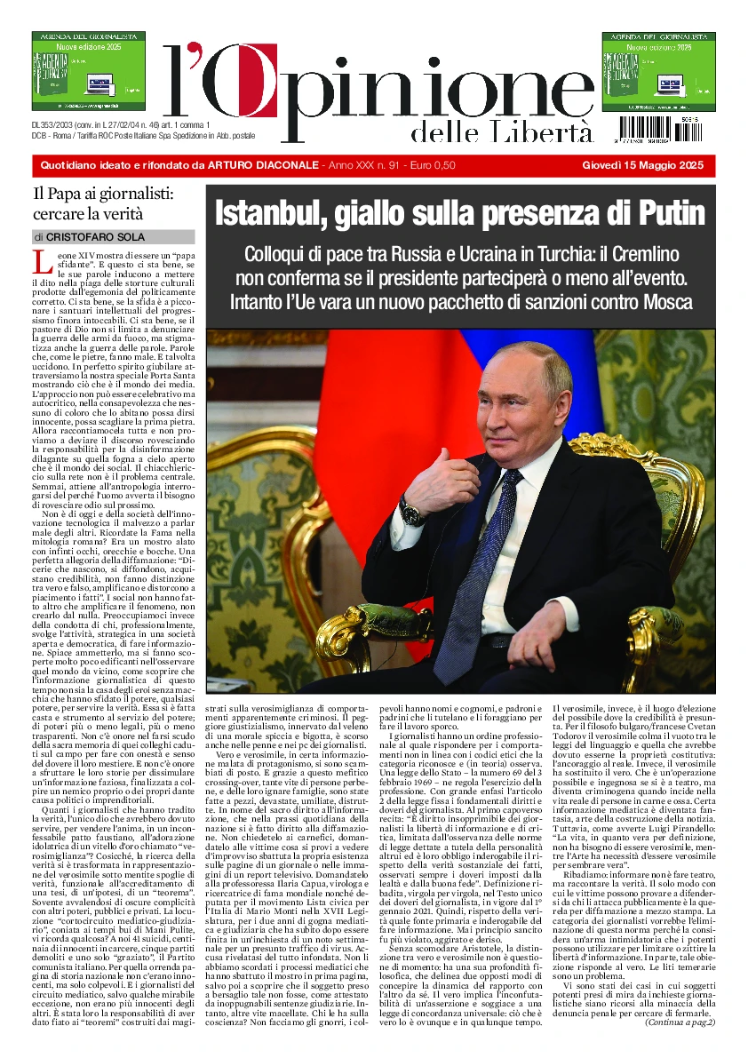 Prima-pagina-opinione della liberta-edizione-di-oggi-2025-05-15
